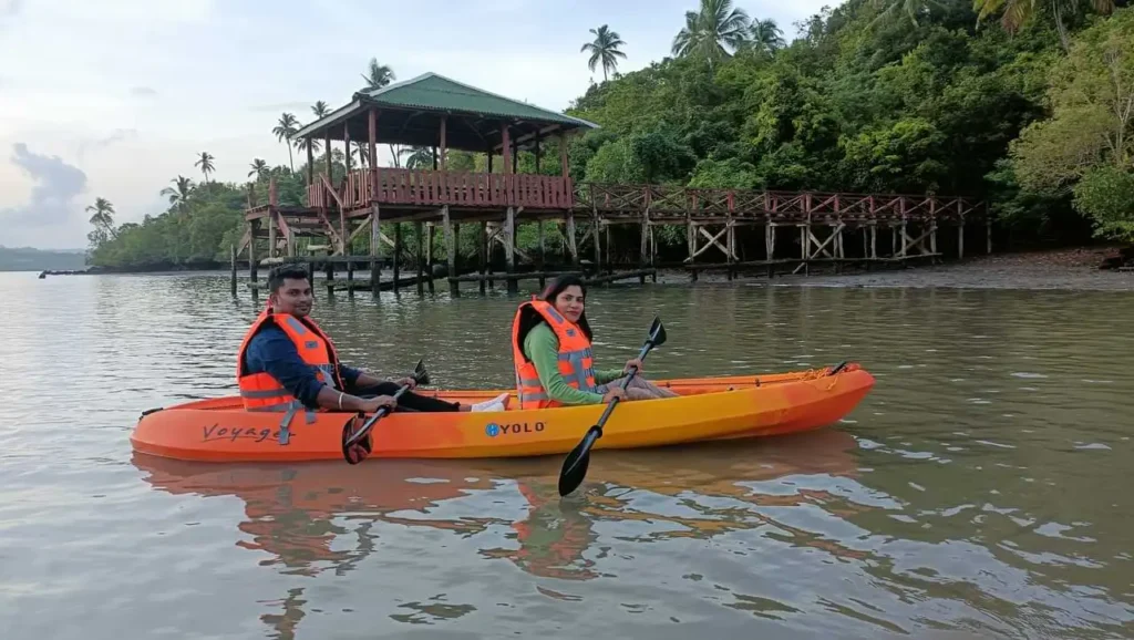 a newly married couple on a kayak